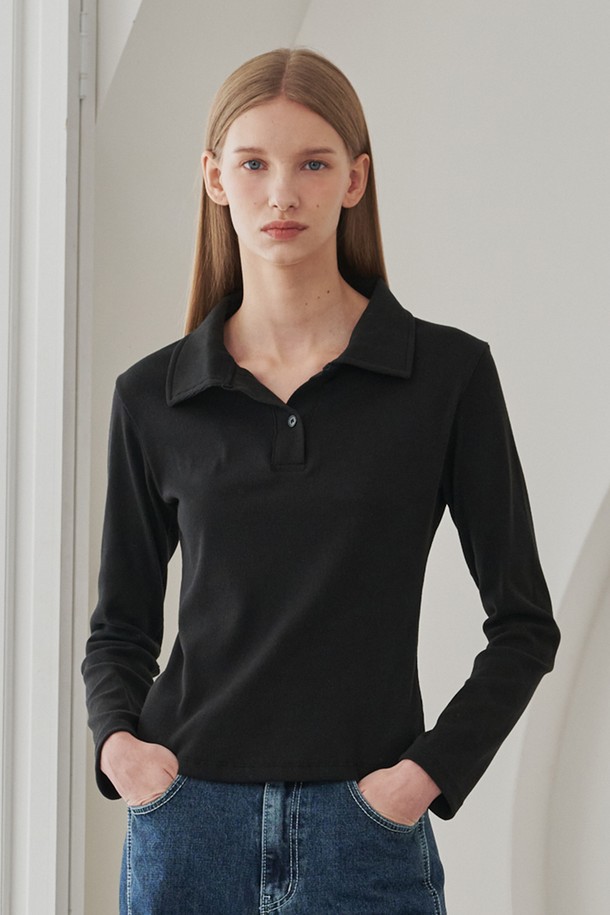 NOUVE - 긴소매 티셔츠 - Slim Fit Collar T-Shirts - Black