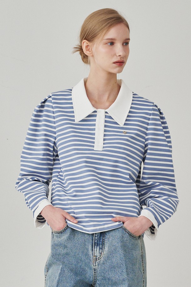 NOUVE - 긴소매 티셔츠 - Stripe Puff Long Sleeve T-Shirts -Sky Blue