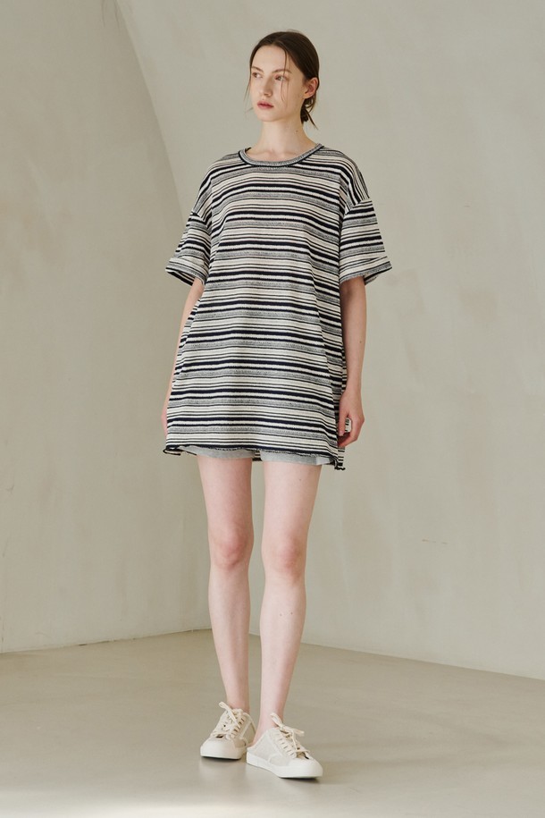 NOUVE - 반소매 티셔츠 - Stripe Overfit Knit T-Shirts - Navy