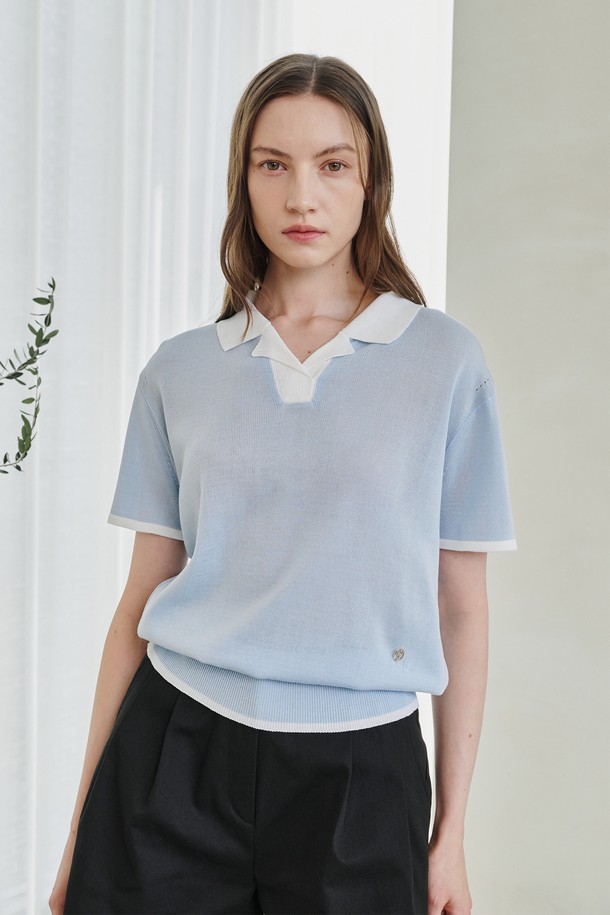 NOUVE - 스웨터 - Color Combi Collar Knit - Sky Blue