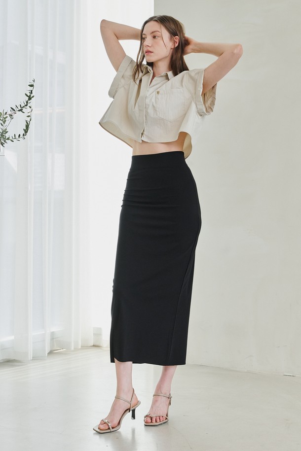 NOUVE - 롱스커트 - Cut Out Slim-fit Long  Skirt -Black