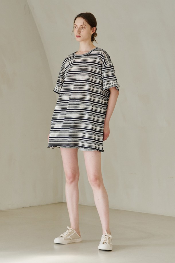 NOUVE - 반소매 티셔츠 - Stripe Overfit Knit T-Shirts - Navy