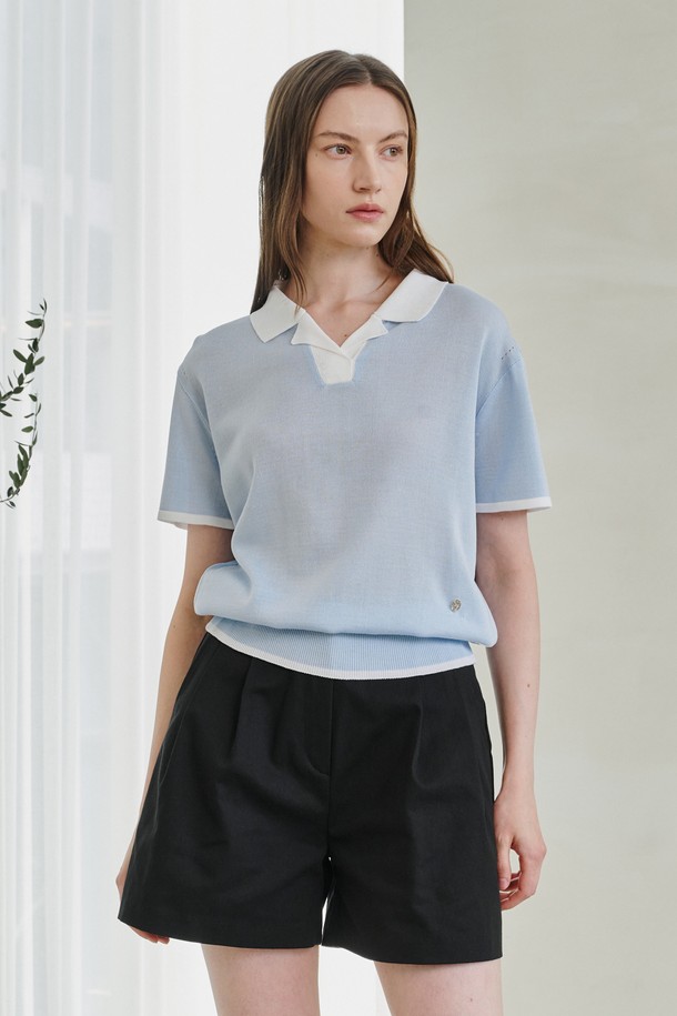 NOUVE - 스웨터 - Color Combi Collar Knit - Sky Blue