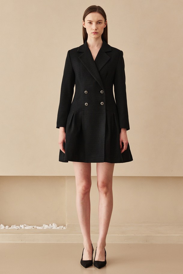 NOUVE - 긴소매 원피스 - 트위드 더블버튼 롱 슬리브 드레스 -블랙 / Tweed Double Button Long Sleeve  Dress - Black