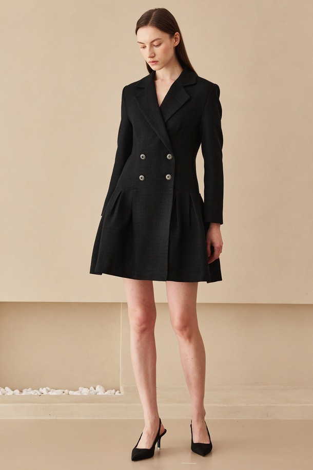 NOUVE - 긴소매 원피스 - 트위드 더블버튼 롱 슬리브 드레스 -블랙 / Tweed Double Button Long Sleeve  Dress - Black