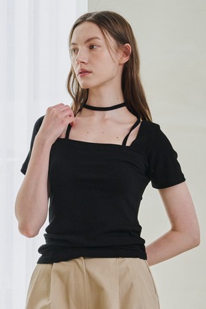 Square Neck Half Sleeve Tie T-Shirts - Black