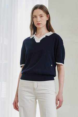 Color Combi Collar Knit - Navy