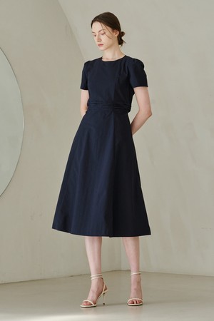 Round Neck Shirring Point Dress - Navy