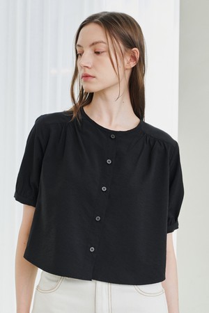 Round Neck Shirring Blouse - Black