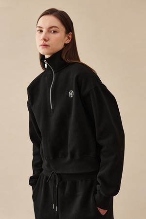 Half Zip Up Crop Sweatshirts - Black