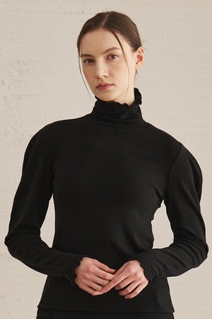 Puff Sleeve Turtleneck T-Shirs - Black