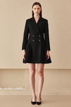 Tweed Double Button Long Sleeve  Dress - Black