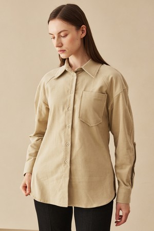 Corduroy Curved Sleeve Blouse -Beige