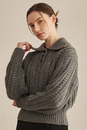 Cable Collar Wool Knit - M/Gray