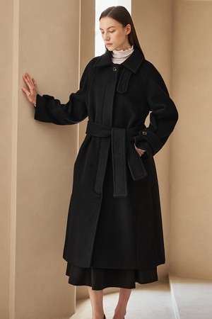 Cashmere Raglan Belted Coat - Black