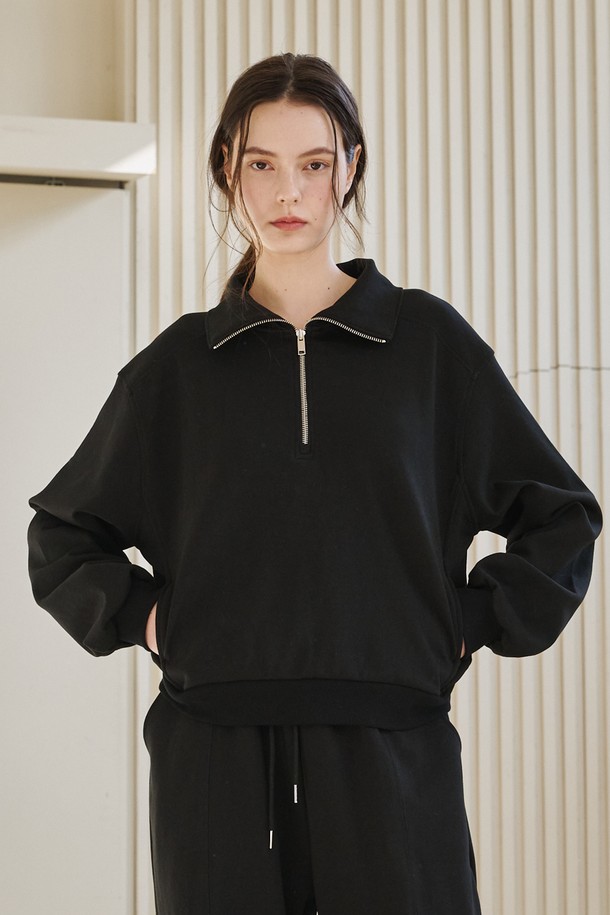 NOUVE - 긴소매 티셔츠 - 라인 집업 스웻셔츠 셋업 - 블랙 / Line Zip up Sweatshirts Set Up - Black