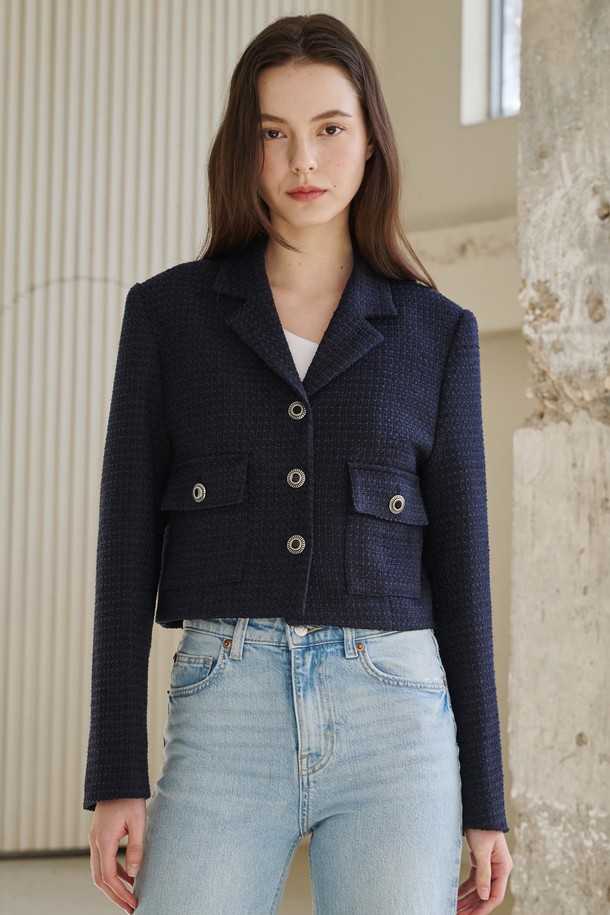 NOUVE - 자켓 - 노치드 카라 트위드 자켓 - 네이비 /  Notched Collar Tweed Jacket - Navy