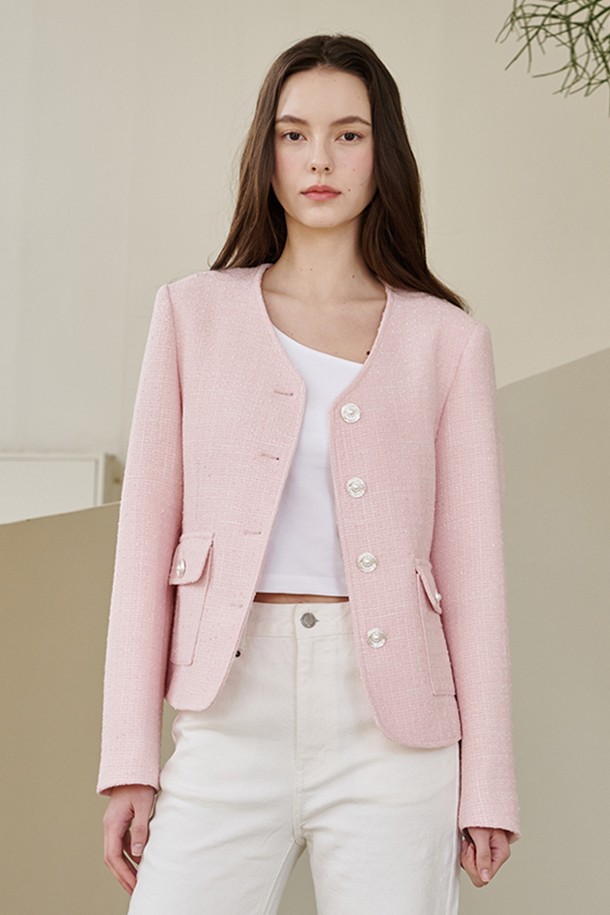 NOUVE - 자켓 - 브이넥 카라 트위드 자켓 - 핑크 / V-Neck Collar Tweed Jacket - Pink