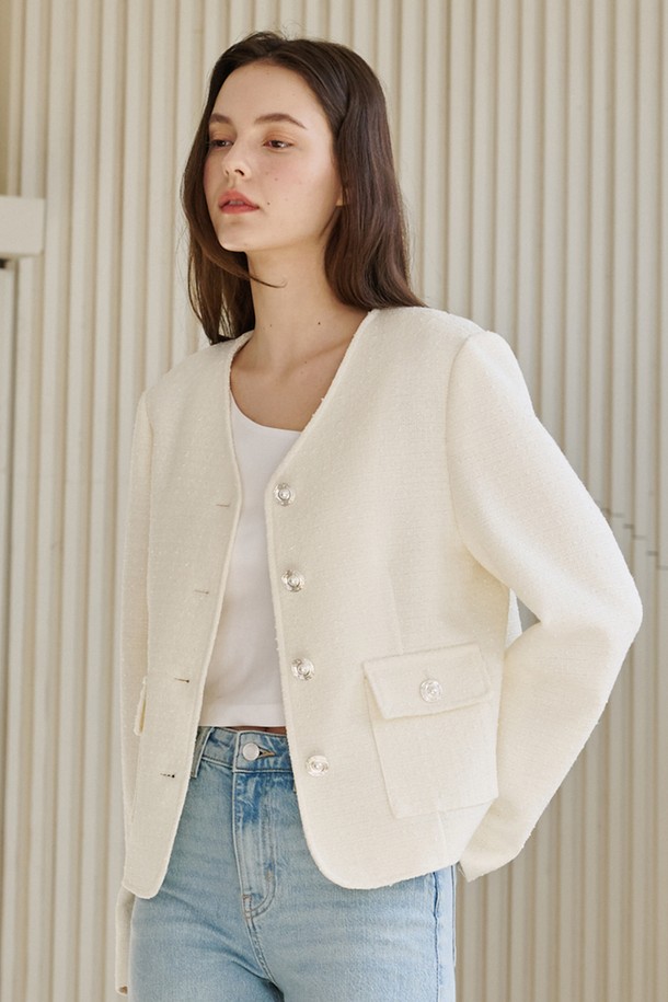 NOUVE - 자켓 - 브이넥 카라 트위드 자켓 - 아이보리 / V-Neck Collar Tweed Jacket - Ivory