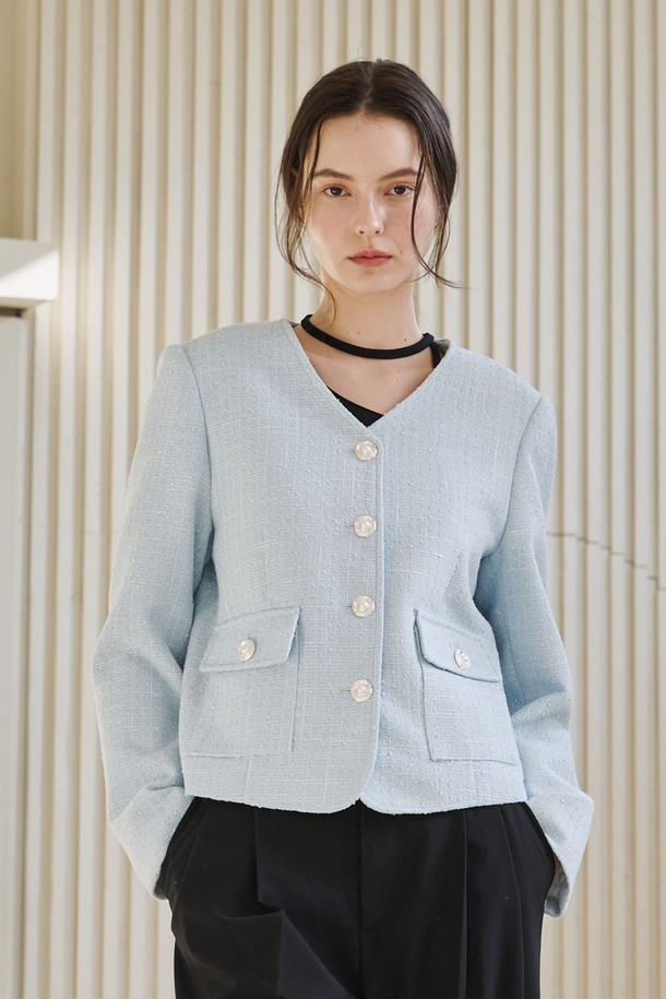 NOUVE - 자켓 - 브이넥 카라 트위드 자켓 - 스카이블루 / V-Neck Collar Tweed Jacket- Sky Blue