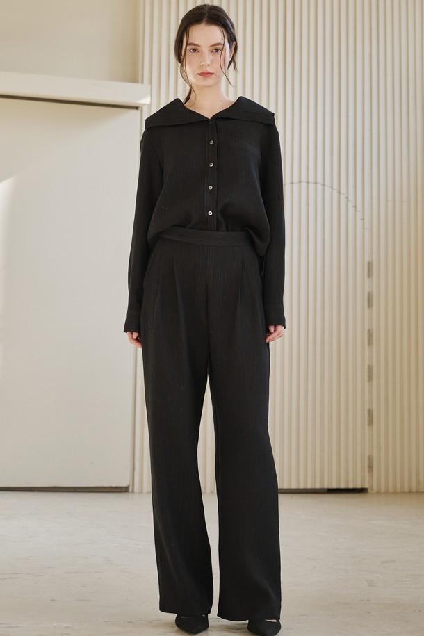 NOUVE - 롱/미디팬츠 - 링클 와이드 밴딩 팬츠 - 블랙 / Wrinkle Wide Banding Pants - Black