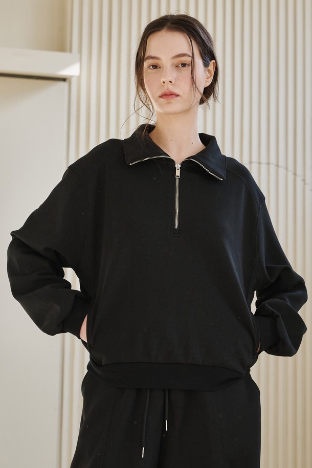 NOUVE - 긴소매 티셔츠 - 라인 집업 스웻셔츠 셋업 - 블랙 / Line Zip up Sweatshirts Set Up - Black