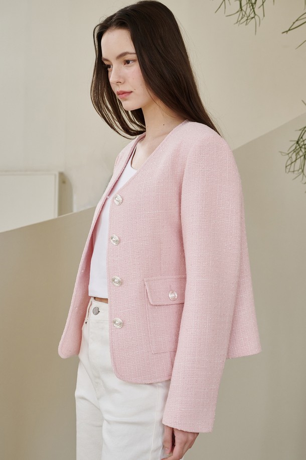 NOUVE - 자켓 - 브이넥 카라 트위드 자켓 - 핑크 / V-Neck Collar Tweed Jacket - Pink