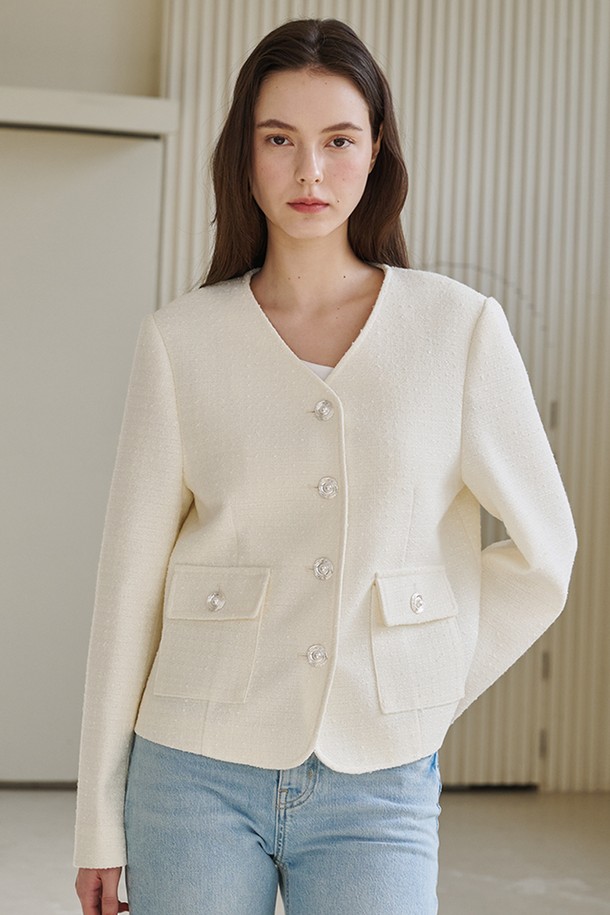 NOUVE - 자켓 - 브이넥 카라 트위드 자켓 - 아이보리 / V-Neck Collar Tweed Jacket - Ivory