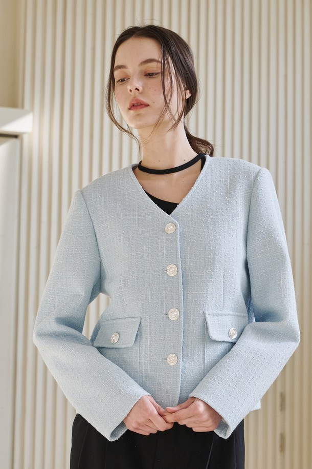 NOUVE - 자켓 - 브이넥 카라 트위드 자켓 - 스카이블루 / V-Neck Collar Tweed Jacket- Sky Blue