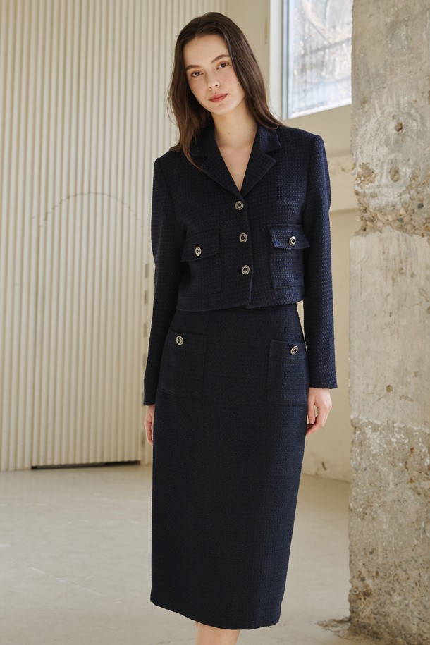 NOUVE - 미니스커트 - 노치드 카라 트위드 자켓 롱 셋업 - 네이비 /  Notched Collar Tweed Jacket Long Set-Up - Navy