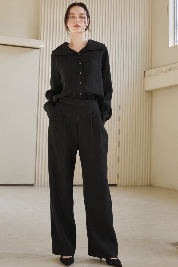 NOUVE - 롱/미디팬츠 - 링클 와이드 밴딩 팬츠 - 블랙 / Wrinkle Wide Banding Pants - Black