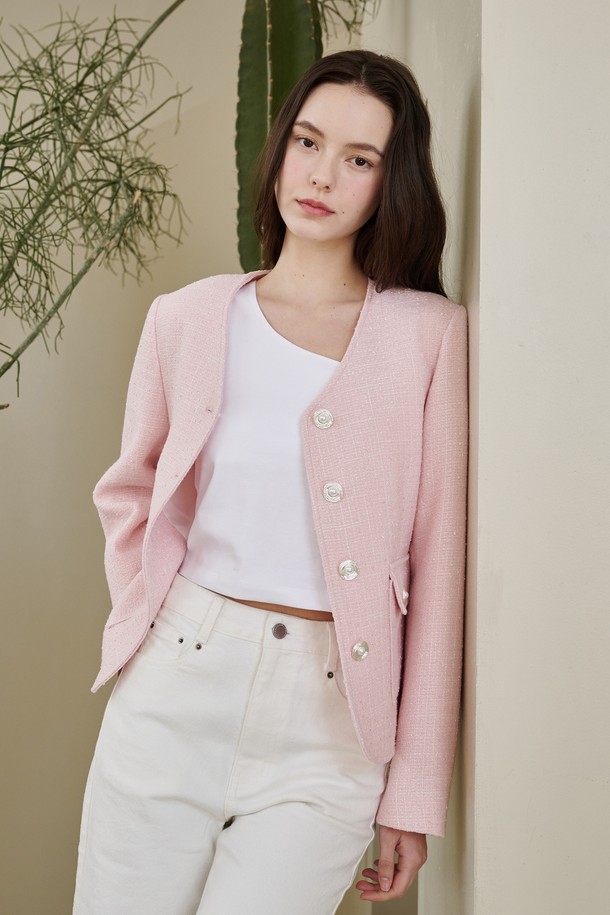 NOUVE - 자켓 - 브이넥 카라 트위드 자켓 - 핑크 / V-Neck Collar Tweed Jacket - Pink