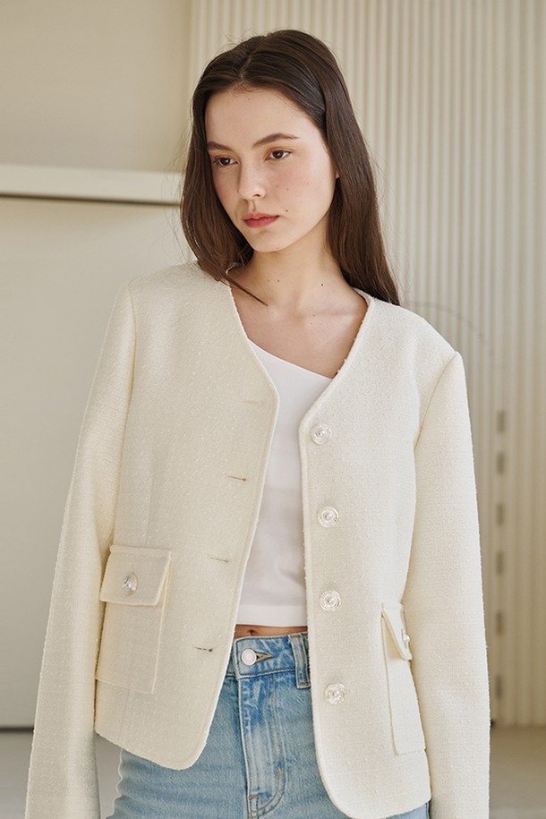 NOUVE - 자켓 - 브이넥 카라 트위드 자켓 - 아이보리 / V-Neck Collar Tweed Jacket - Ivory