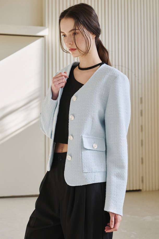 NOUVE - 자켓 - 브이넥 카라 트위드 자켓 - 스카이블루 / V-Neck Collar Tweed Jacket- Sky Blue