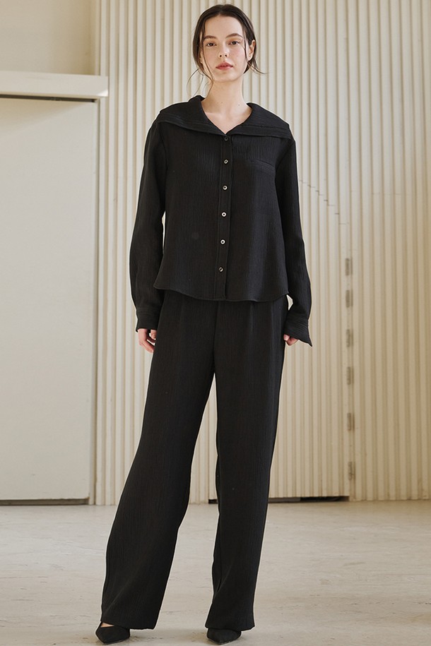 NOUVE - 롱/미디팬츠 - 링클 와이드 밴딩 팬츠 - 블랙 / Wrinkle Wide Banding Pants - Black