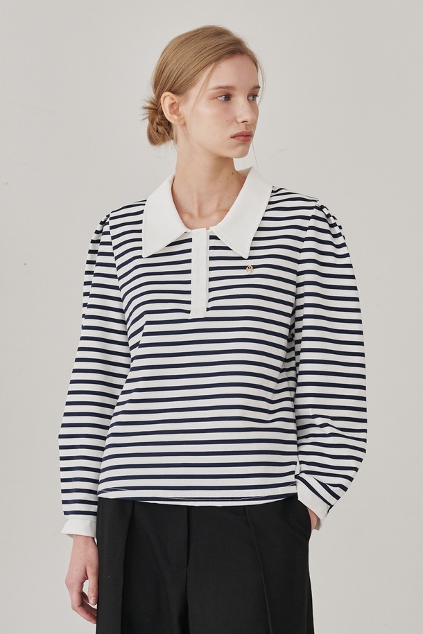 NOUVE - 긴소매 티셔츠 - 스트라이프 퍼프 롱슬리브 티셔츠 - 네이비 / Stripe Puff Long Sleeve T-Shirts -Navy