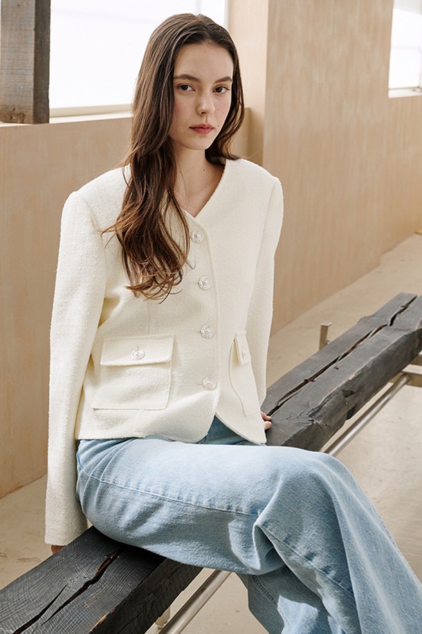 NOUVE - 자켓 - 브이넥 카라 트위드 자켓 - 아이보리 / V-Neck Collar Tweed Jacket - Ivory