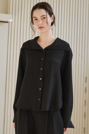 세일러 카라 링클 블라우스 - 블랙 / Sailor Collar Wrinkle Blouse -Black