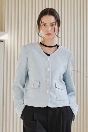 브이넥 카라 트위드 자켓 - 스카이블루 / V-Neck Collar Tweed Jacket- Sky Blue