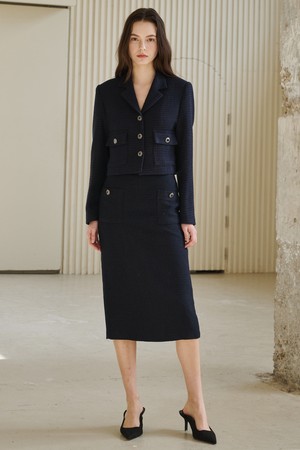 노치드 카라 트위드 자켓 롱 셋업 - 네이비 /  Notched Collar Tweed Jacket Long Set-Up - Navy