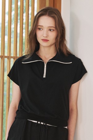 캡 슬리브 하프 집업 티셔츠 - 블랙 / Cap Sleeve Half Zip Up T-Shirts - Black
