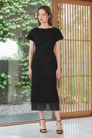 보트넥 쉬폰 레이어드 드레스 - 블랙 / Boat Neck Chiffon Layered Dress - Black