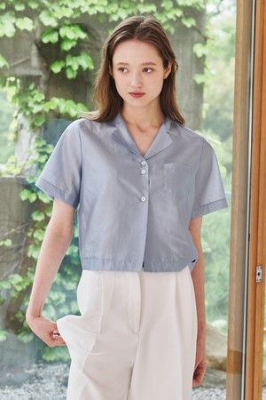 노치드 카라 크롭 블라우스 - 스카이 블루 / Notched Collar Crop Blouse - Sky Blue