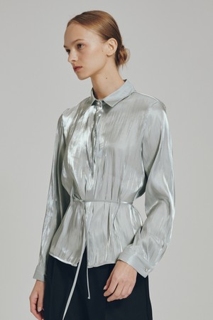 글로시 벨티드 블라우스 - 민트 / Glossy Belted Blouse - Mint