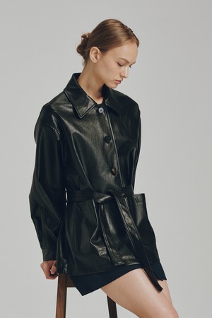 벨티드 레더 자켓 - 블랙 / Belted Leather Jacket - Black