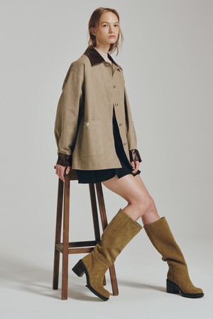 코튼 레더 워크 자켓 - 베이지 / Cotton Leather Work Jacket - Beige
