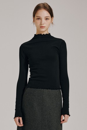 프릴 하프넥 티셔츠 - 블랙 / Frill Half-Neck T-Shirt - Black