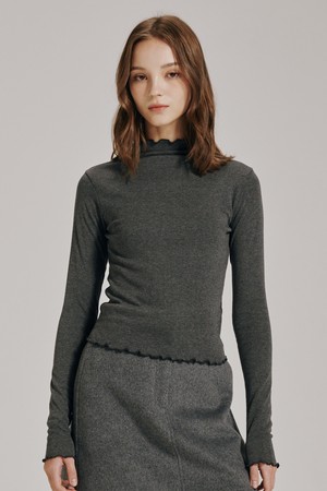 프릴 하프넥 티셔츠 - 차콜 / Frill Half-Neck T-Shirt - Chacoal