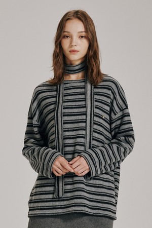 스트라이프 스카프 니트 티셔츠 - 그레이 / Stripe Scarf Knit T-Shirt - Gray