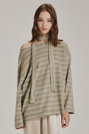 스트라이프 스카프 니트 티셔츠 - 그린 / Stripe Scarf Knit T-Shirt - Green